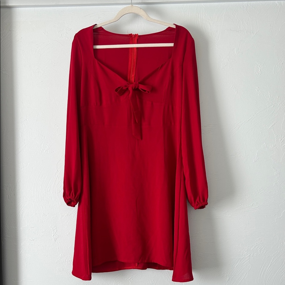 Red Long Sleeve Mini Dress W Sweetheart Neckline & Front Bow Tie